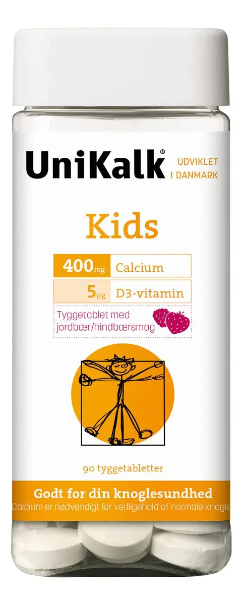 UniKalk Kids tyggetablett jordbær/bringebær - 90 tab.