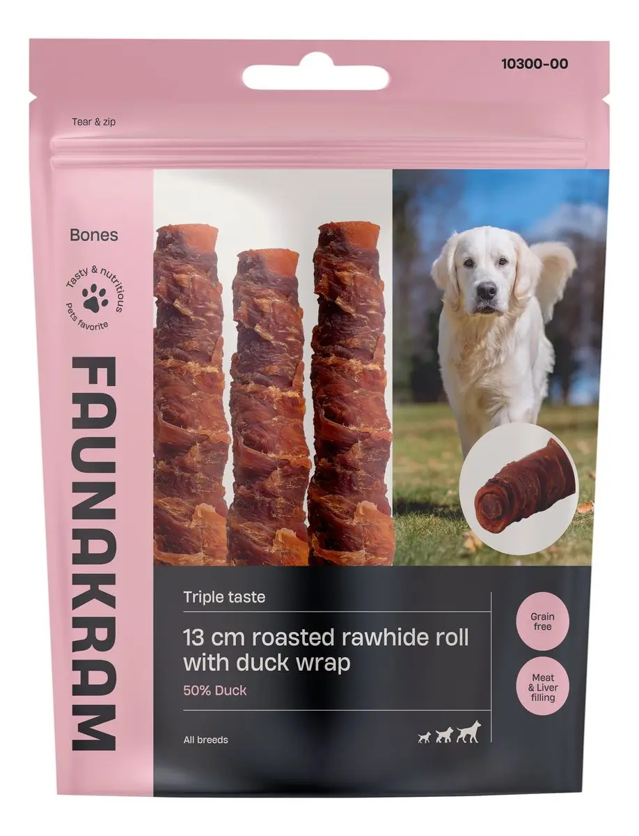 Faunakram 13 cm Roasted Rawhide Roll with Duck Wrap, Liver Filling - 170 g.