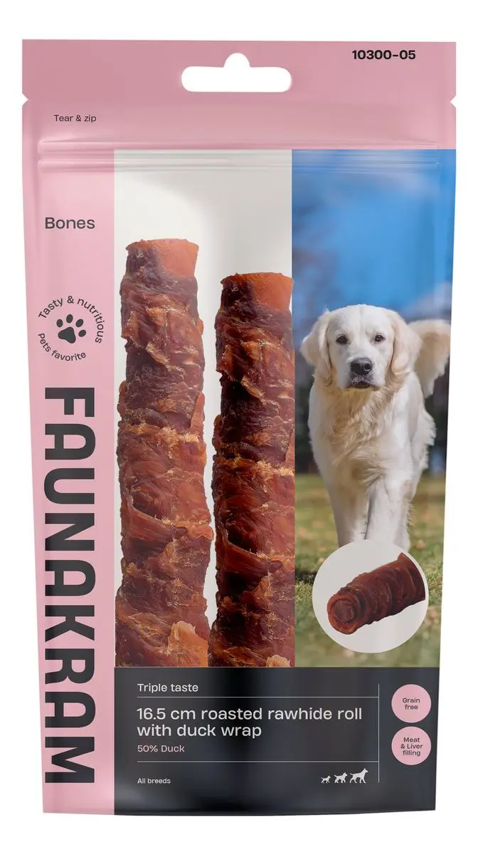 Faunakram 16,5 cm Roasted Rawhide Roll with Duck Wrap, Liver Filling - 170 g.