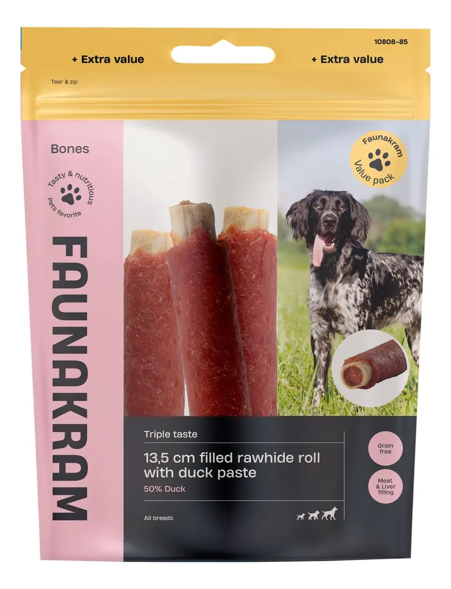 Faunakram 13,5 cm Filled Rawhide Roll with Duck Paste - 300 g.