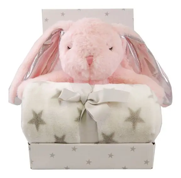 Carlo Baby Fleeceteppe Grå Prikk og Bamse Rosa Kanin - 1 stk.
