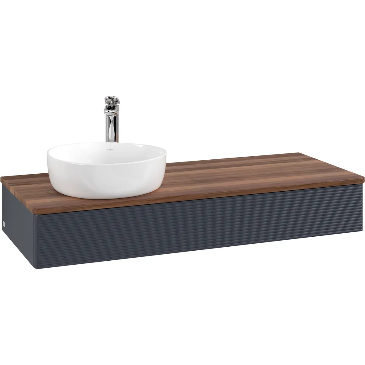 V&B ANTAO SERVANTSKAP 1 SKUFF RILLET 1200X190X500 VENSTRE M/KRANHULL M/LYS BLÅ/VALNØTT