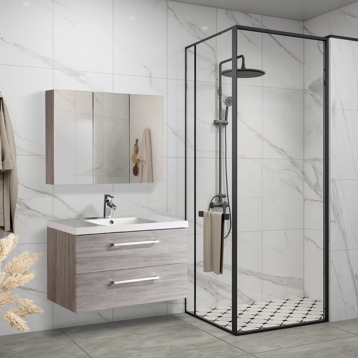 LIND LUXURY 100 GRÅ BADEROMSMØBEL M/ENKEL SERVANT & SPEILSKAP