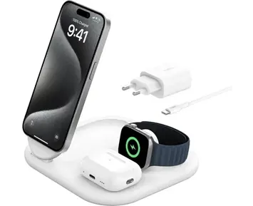 Belkin 3-in-1 MagSafe Compatible Qi2 Wireless Stand/Pad, white