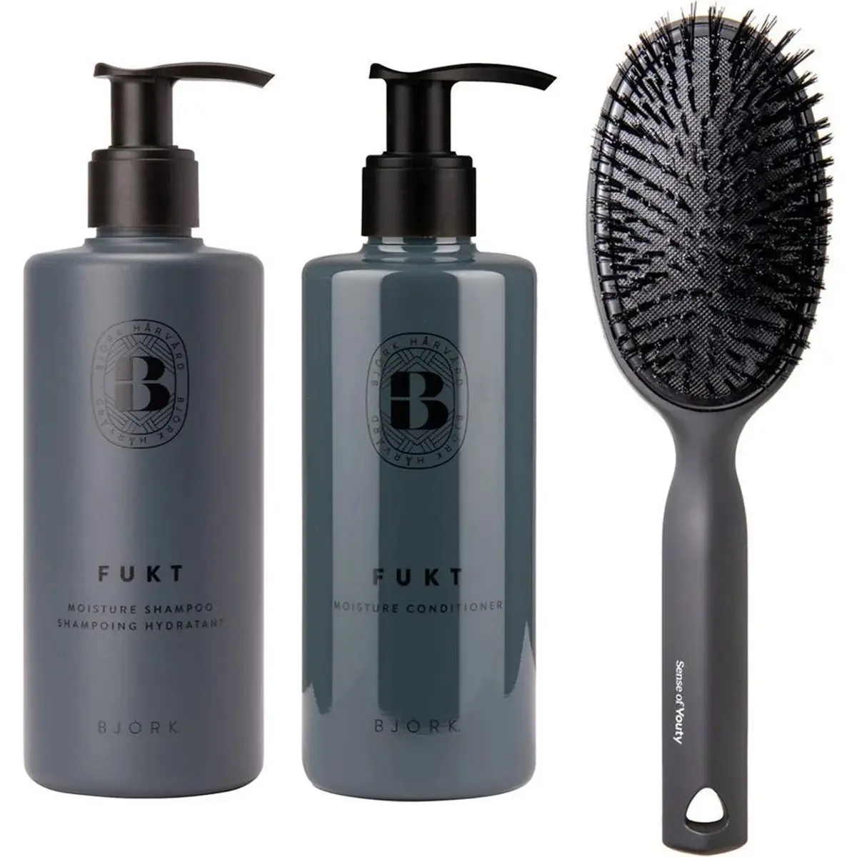 Björk FUKT Set Shampoo 300ml, Conditioner 250ml & Cushion Brush 550 ml
