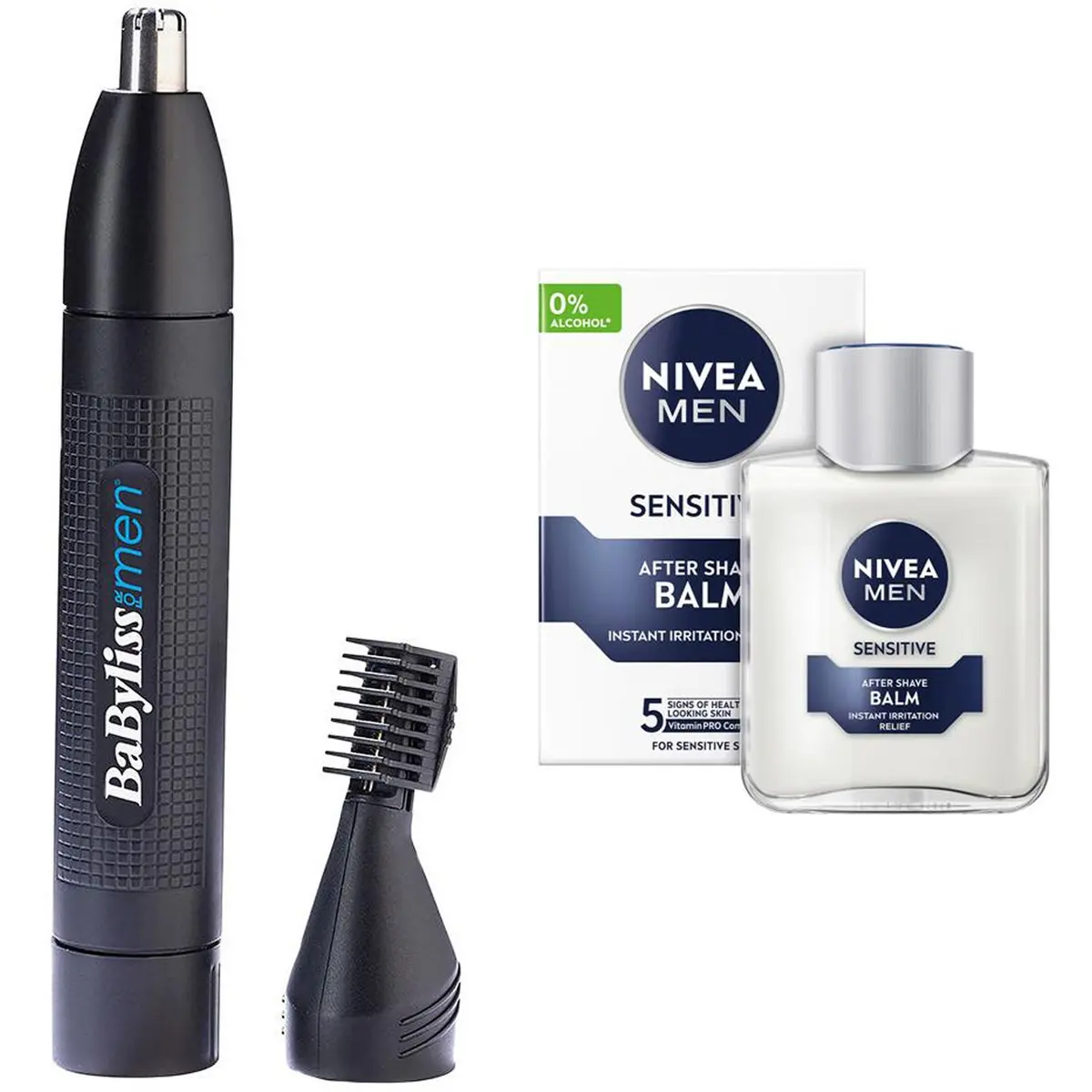 BaByliss Complete Facial Hair Care Bundle Babyliss Trimmer & Nivea MEN Sensitive After Shave