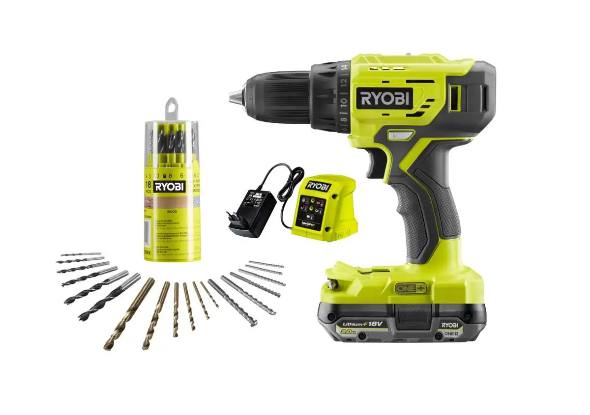 Ryobi R18DD4-1C20GA18 drill m/batteri og borsett