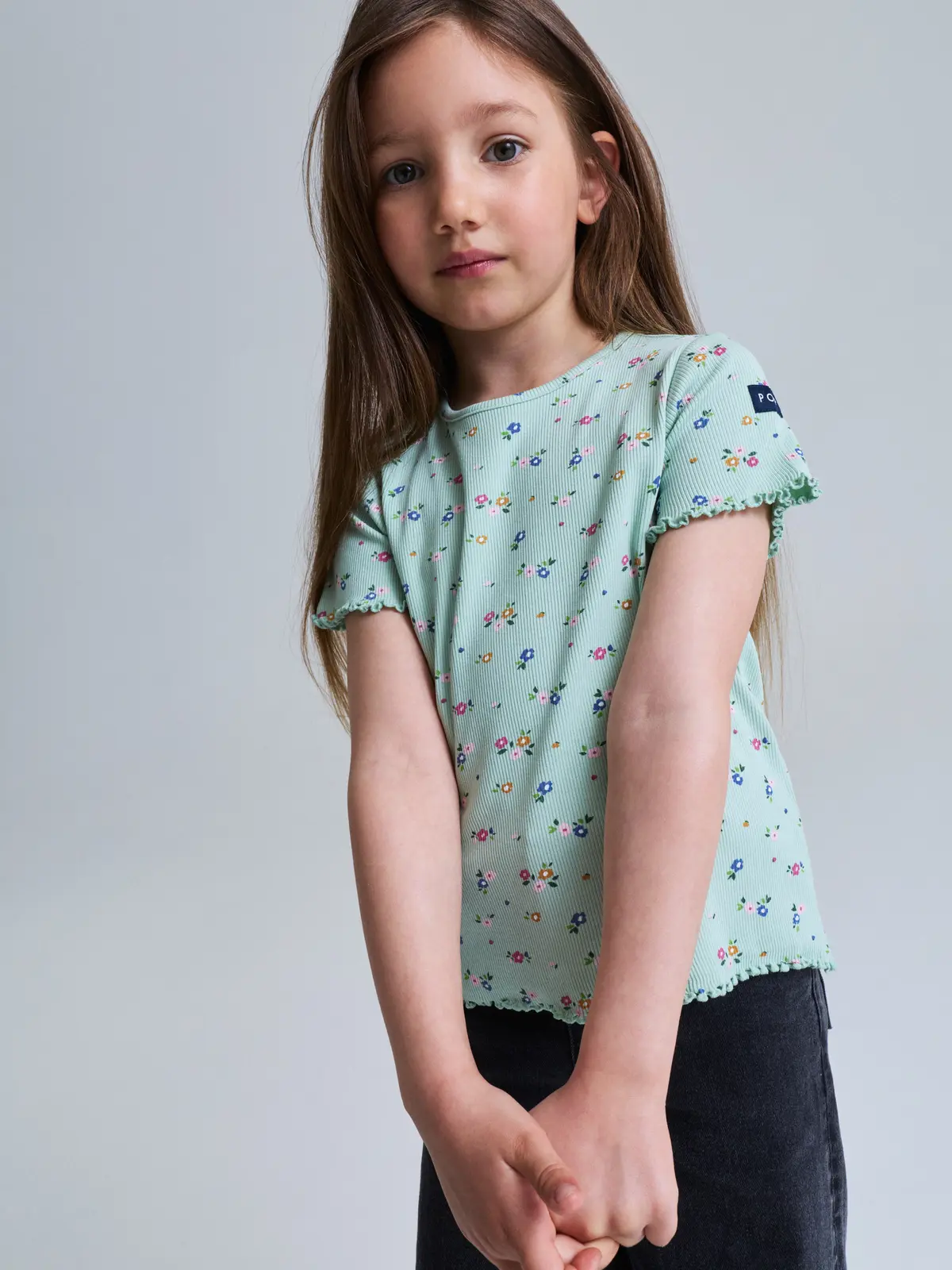 PO.P Ribbestrikket T-shirt blomster - Grønn