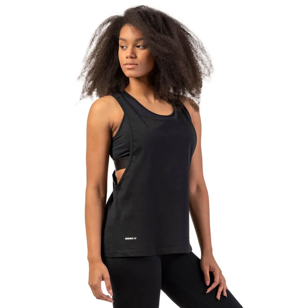 S/L Loose Cross Back Tank Top "Feeling Good", black, large
