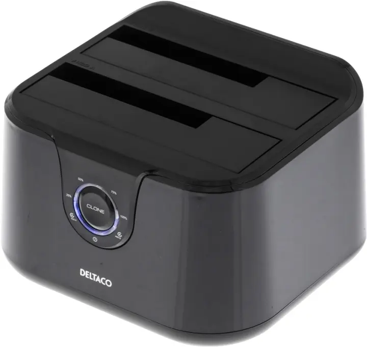DELTACO USB 3.0 dockningsstation med kloning, 2x2,5/3,5" SATA, svart
