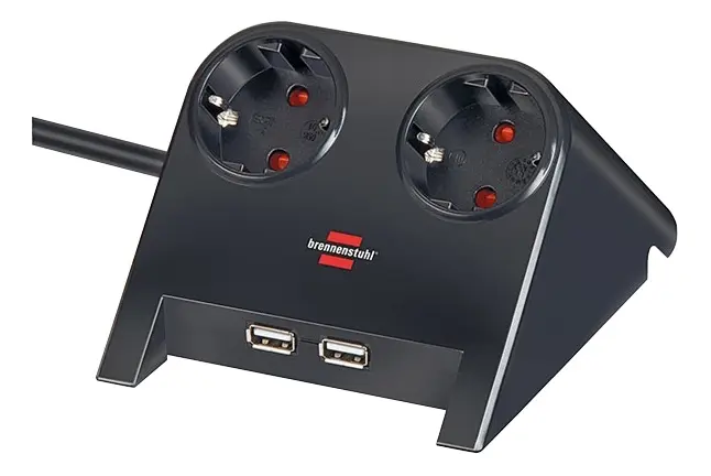 Brennenstuhl Desktop power 2-veis stikkontaktlist for bordet med gummiføtter og 2-veis USB 1,80 m Polert svart TYPE F
