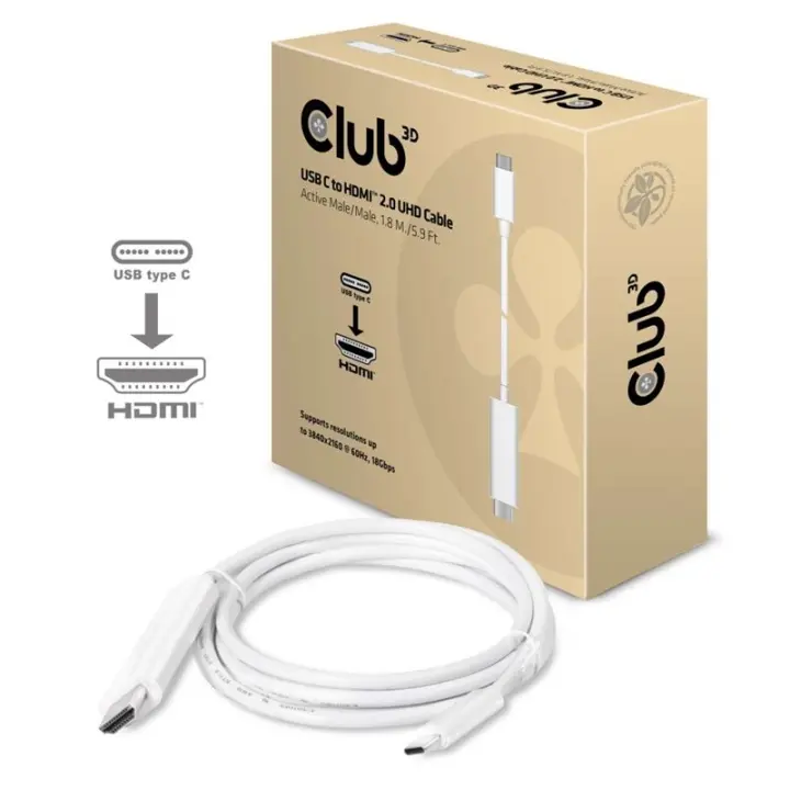 CLUB3D USB C til HDMIT 2.0 UHD-kabel aktiv 1,8 m aktiv 1,8 m.