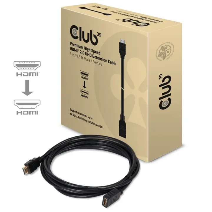 CLUB3D høyhastighets HDMIT 2.0 4K60Hz forlengelseskabel 3 m / 9,8 fot hann/hunn