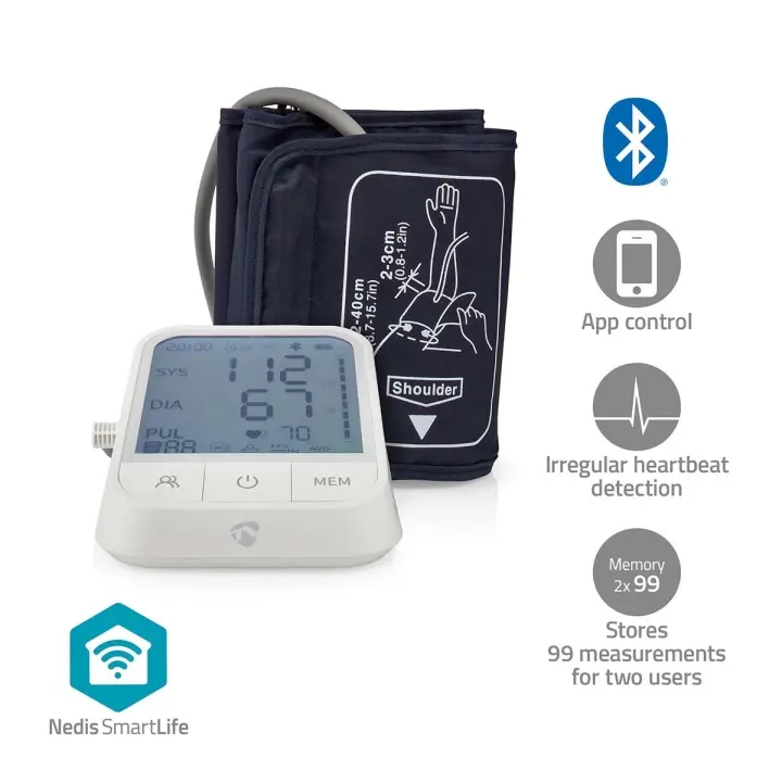 Nedis Smartlife Blodtrykksmåler | Væpne | Bluetooth® | LCD | 22 - 42 cm | Deteksjon av uregelmessig hjerteslag / Deteksjon for mansjettbruk / Hold fortsatt indikasjon