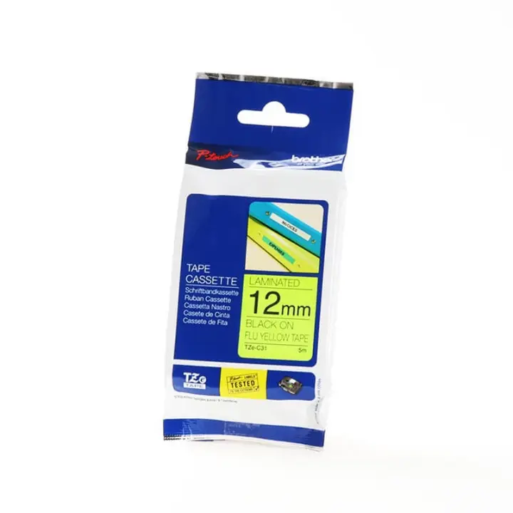 Brother Teip TZE-C31 12mm Svart på Fluorescerande Gul