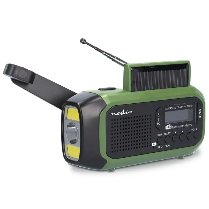 Nedis Nødradio | Bærbar design | DAB+ / FM | Batteri drevet / Hånd sveiv / Solar Powered / USB-Strøm | Vekkeklokke funksjon | Grøn / Sort