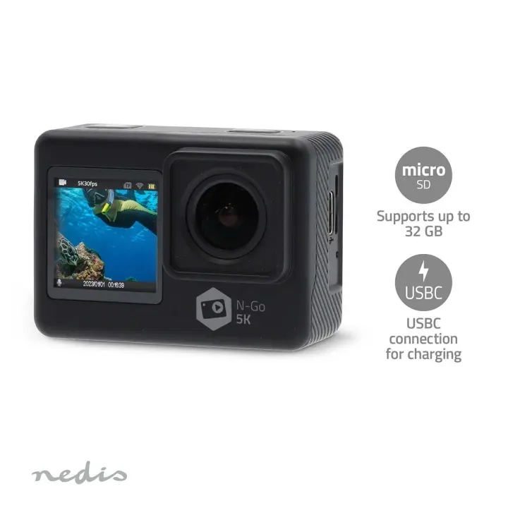Nedis handling Cam | Dobbel Skjerm | 5K@30fps | 16 MPixel | Vanntett opptil: 30.0 m | 80 min | Wi-Fi | App tilgjengelig for: Android™ / IOS