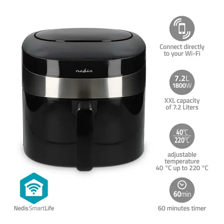 Nedis SmartLife Hot Air Fryer | Wi-Fi | 7,2 l | Timer: 1 h | Antall forhåndinnstilte programmer: 8 | Digitalt | Android™ / IOS