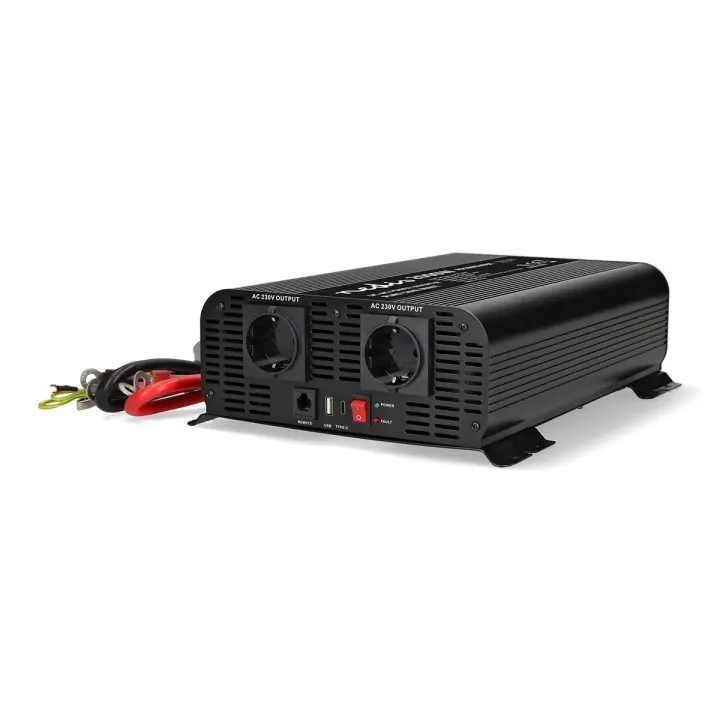 Nedis Power Inverter Pure Sine Wave | Inngangsspenning: 24 V DC | Enhetens strømuttak: Type F (CEE 7/3) / USB-A / 1x USB-C™ | 230 V AC 50 Hz | 2000 W | Topp effekt: 4000 W | Skru Terminal | Pure Sine Wave
