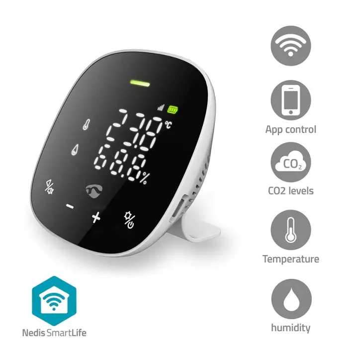 Nedis SmartLife luftkvalitetsmonitor | Wi-Fi | Display | Karbondioksid (CO2) / Luftfuktighet / Temperatur | Android™ / IOS | Hvit / Sort