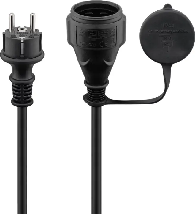 Goobay Strømkabel for utendørs bruk, 5 m, svart jordet hybridplugg (type E/F, CEE 7/7) > jordet stikkontakt (type F, CEE 7/3)