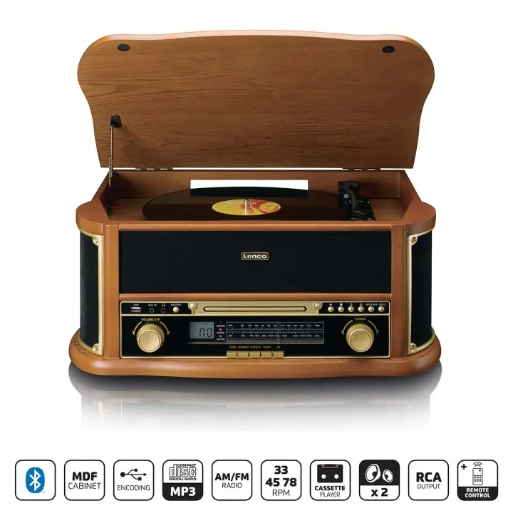 Lenco Retro platespiller i tre med Bluetooth® AM/FM-radio, USB-koding, CD-spiller, kassettspiller og innebygde høyttalere