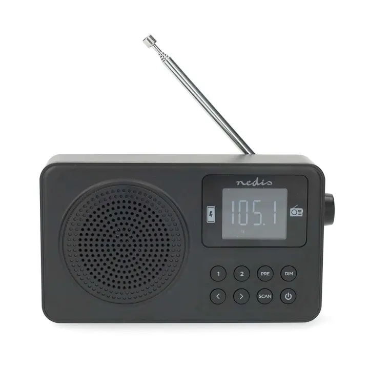 Nedis FM-radio | Bærbar design | FM | Accu drevet / USB-Strøm | Digitalt | 2 W | Skjermstørrelse: 1.77 " | Svart hvit skerm | Bluetooth® | Hodetelefonutgang | Sort
