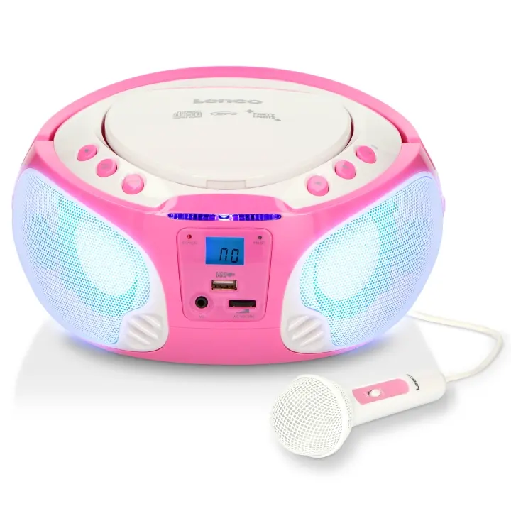 Lenco Bærbar FM-radio CD/MP3/USB-mikrofon og lyseffekter Rosa