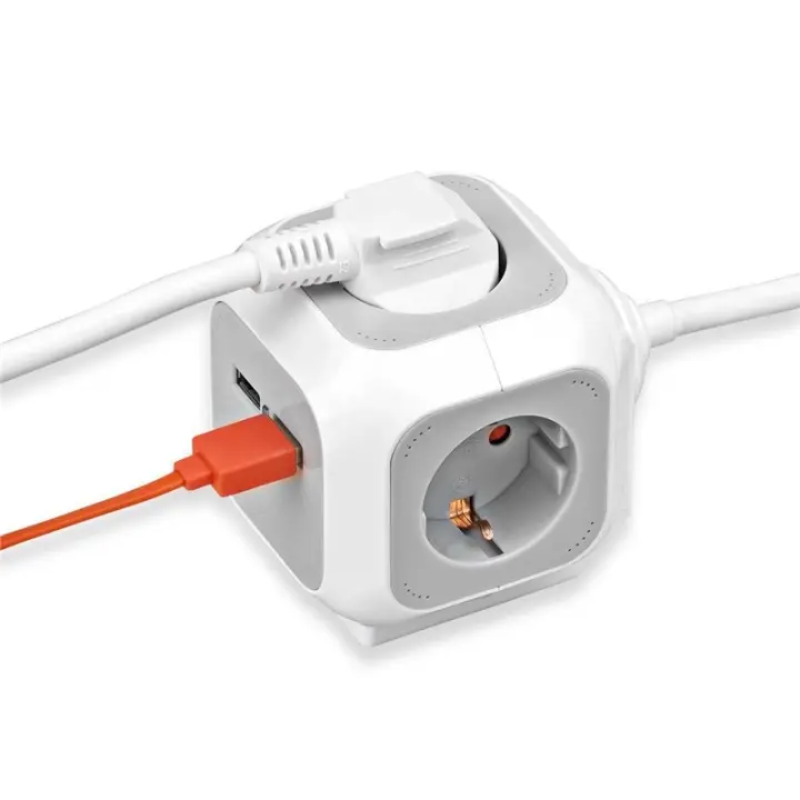 ALEA-Power Stikkontakt med USB / Pluggblokk (4-veis stikkontakter, 2x USB-lader og 1,4m kabel)