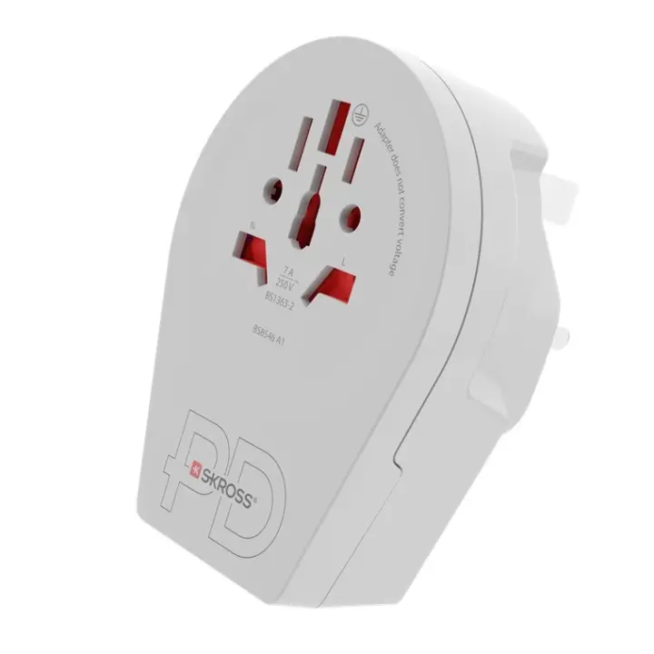 SKROSS World Adapter - World to UK USB-C™ PD for alle jordede og ujordede enheter (2- og 3-pinners), med integrert, ultrahurtig USB-C™-lader (Power De