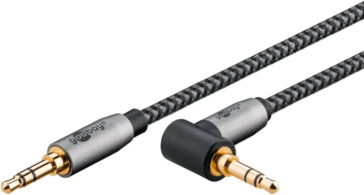 Goobay Tilkoblingskabel AUX, 3,5 mm stereo, 90°, 3 m, Sharkskin Grey Pawl 3,5 mm plugg (3-pinners, Stereo) > Pawl 3,5 mm plugg (3-pinners, Stereo)