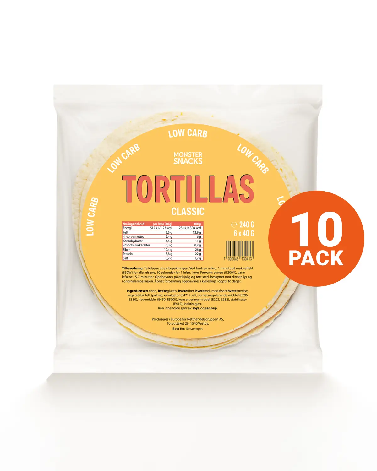 Monster Lavkarbo Tortillas 10-Pack (60 lefser)