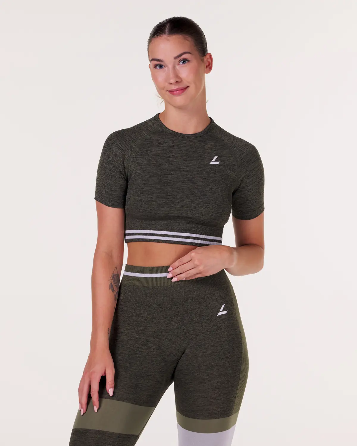 LEVITY Gravity Logo Seamless Crop Tee Green Olive Marl