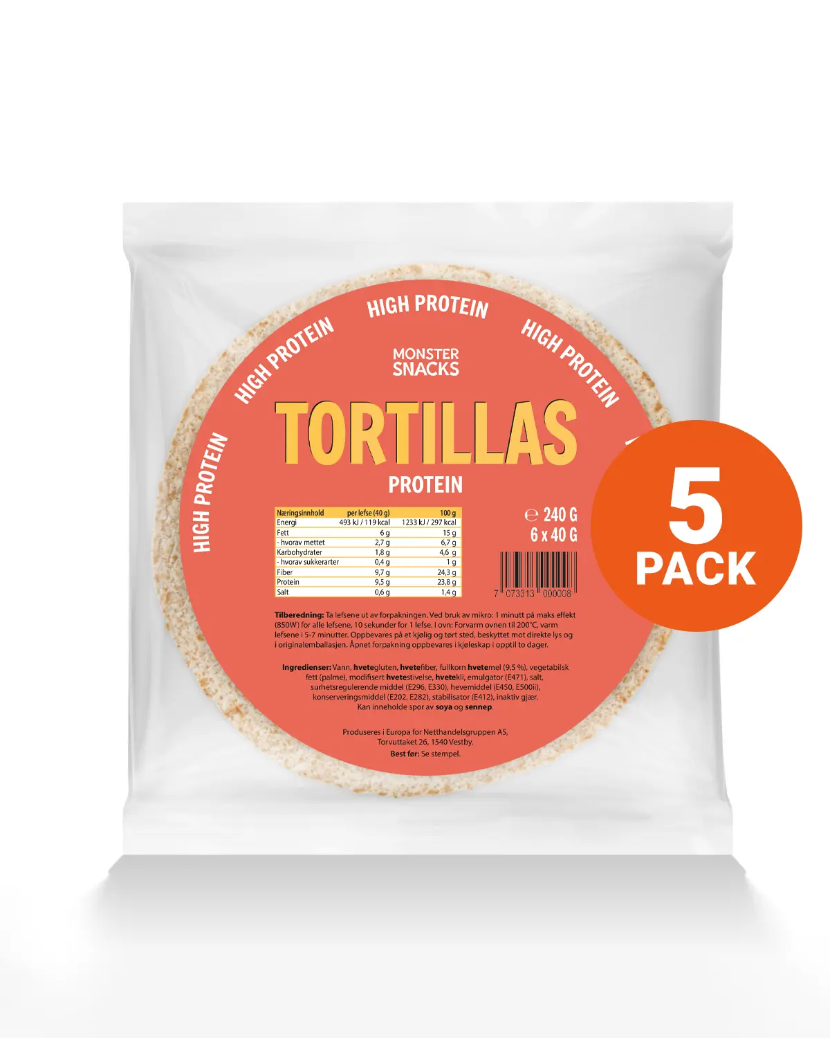 Monster Høyprotein Tortillas 5-Pack (30 lefser)