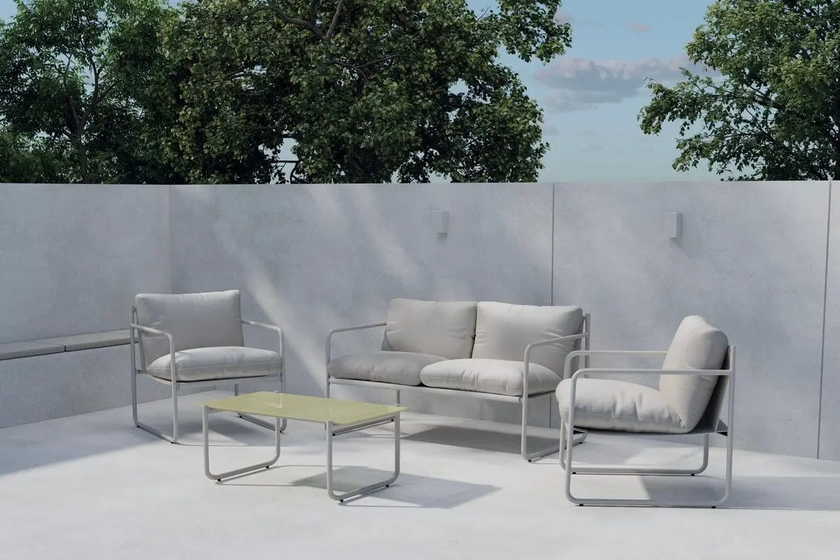 Thassos sofagruppe 2-seters sofa + 2 lenestoler med bord utendørs
