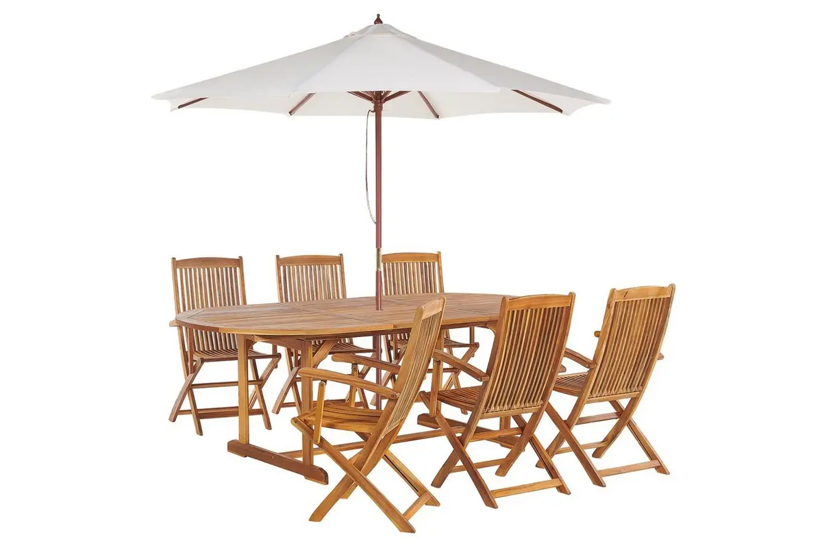 Matsalsset Beliani Maui med parasoll 8-sits Ljus trä/beige Light wood