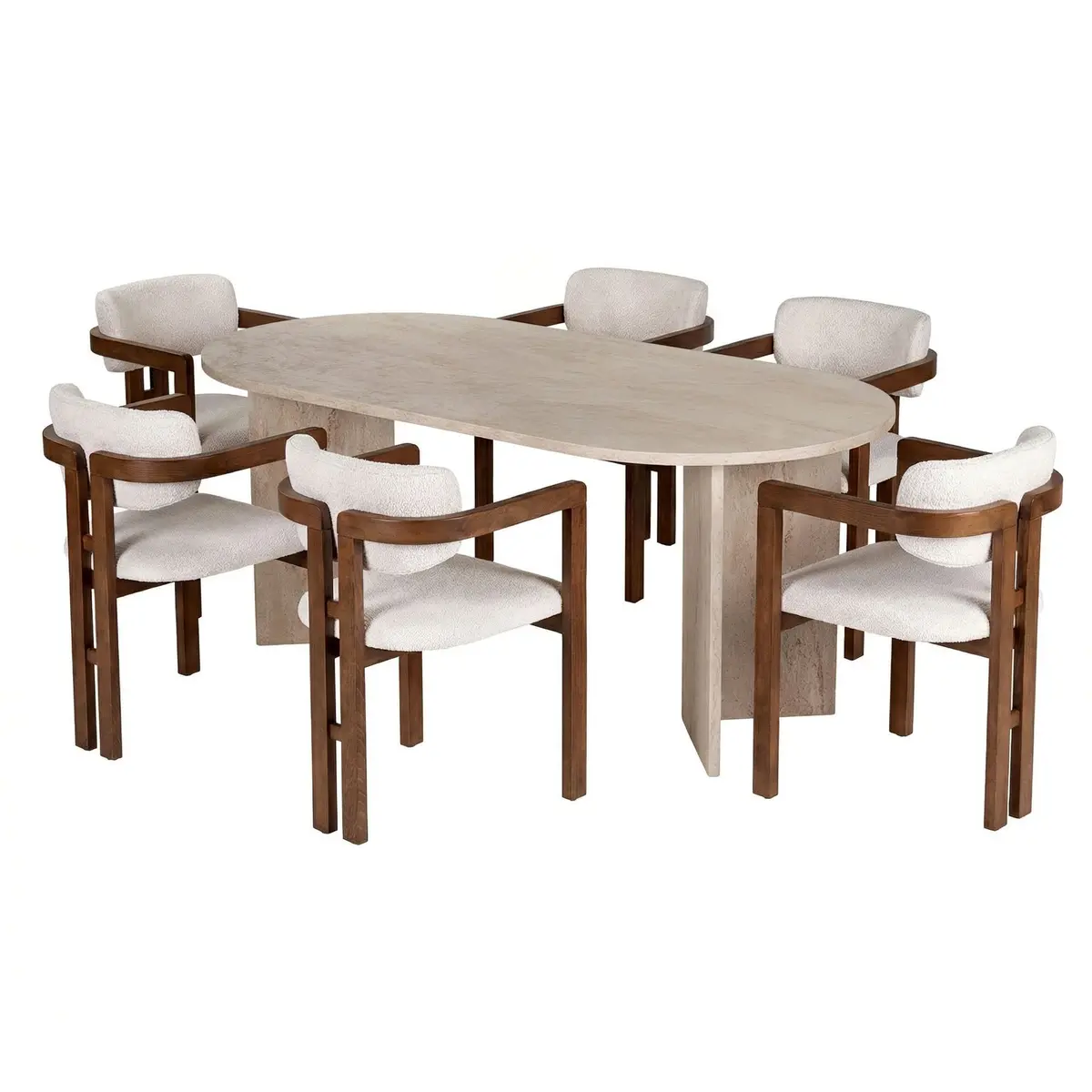 Spisebord- og stolsett Nordure Meridia 6 (180 x 75 x 90 cm) 7 deler Travertin valnøtt hvit