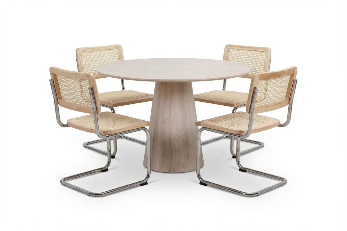 Siena spisegruppe rund 110 cm hvitlasert med 4 Build spisestoler