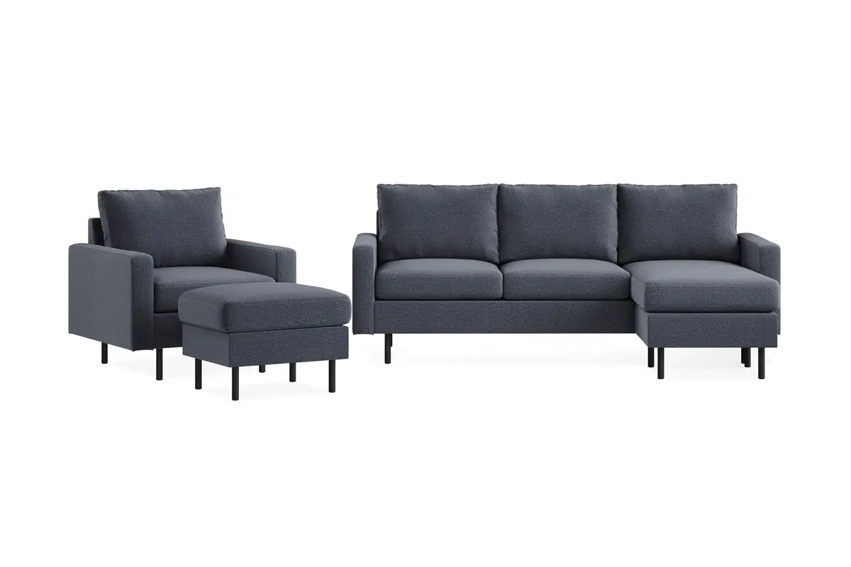 Peppe Sofagruppe 3-seter Vendbar L-formet Divansofa + Lenestol + Fotskammel i Stoff