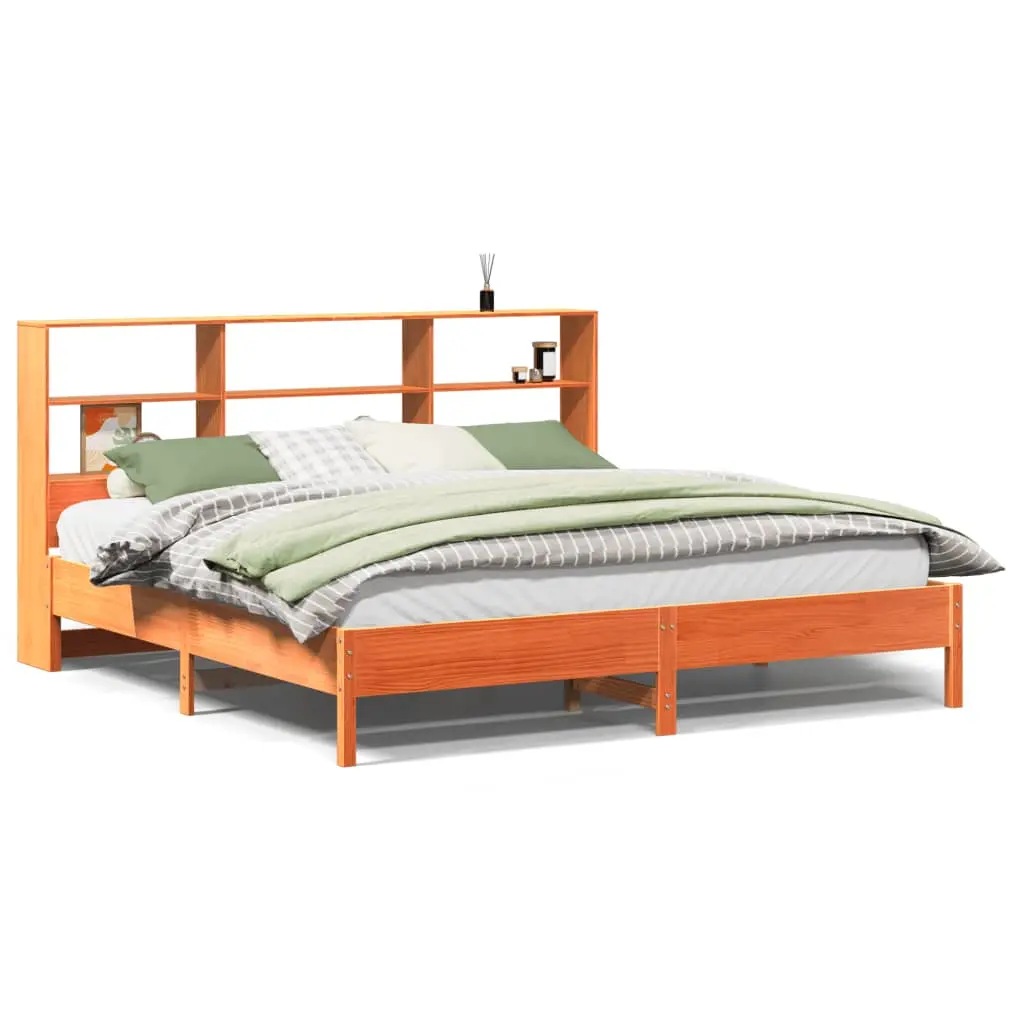 vidaXL Seng med bokhylle uten madrass voksbrun 200x200 cm heltre furu