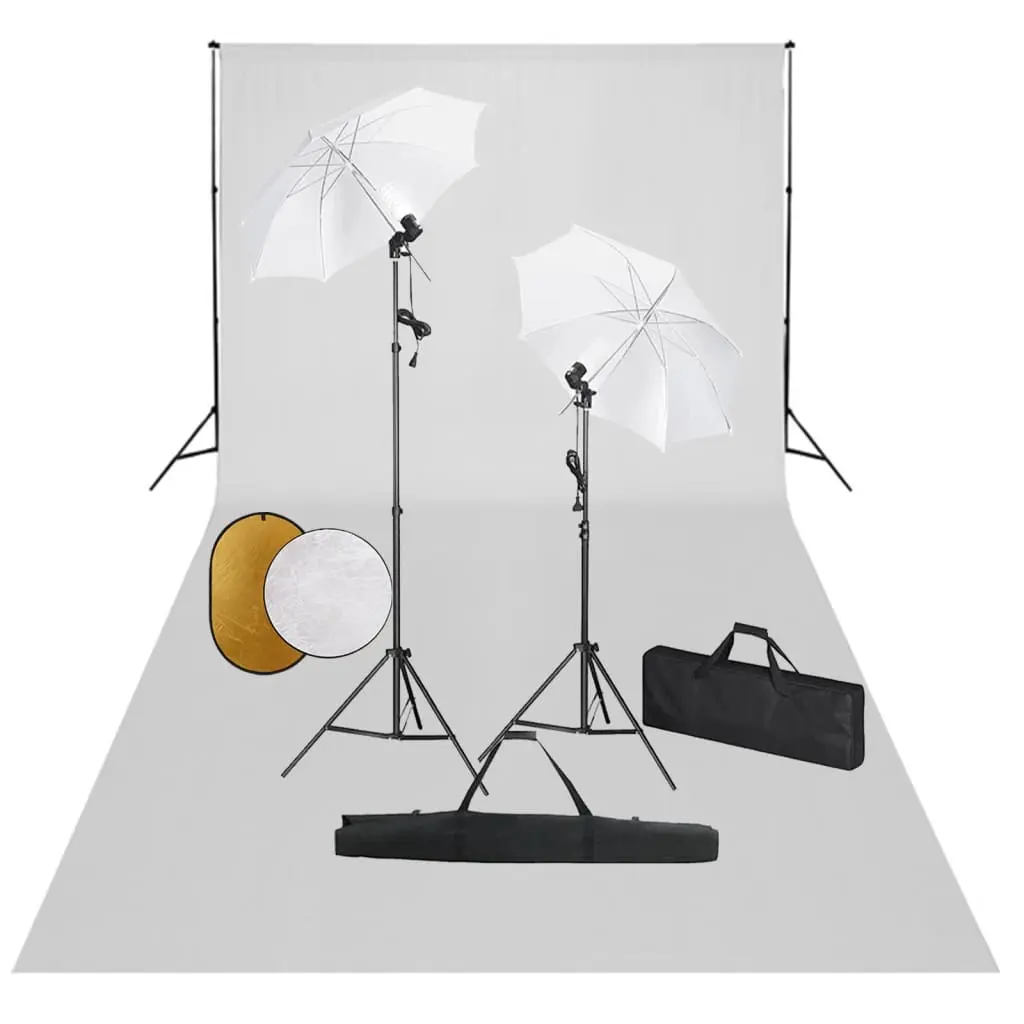 vidaXL Fotostudiosett med lamper, paraplyer, bakgrunn og reflektor