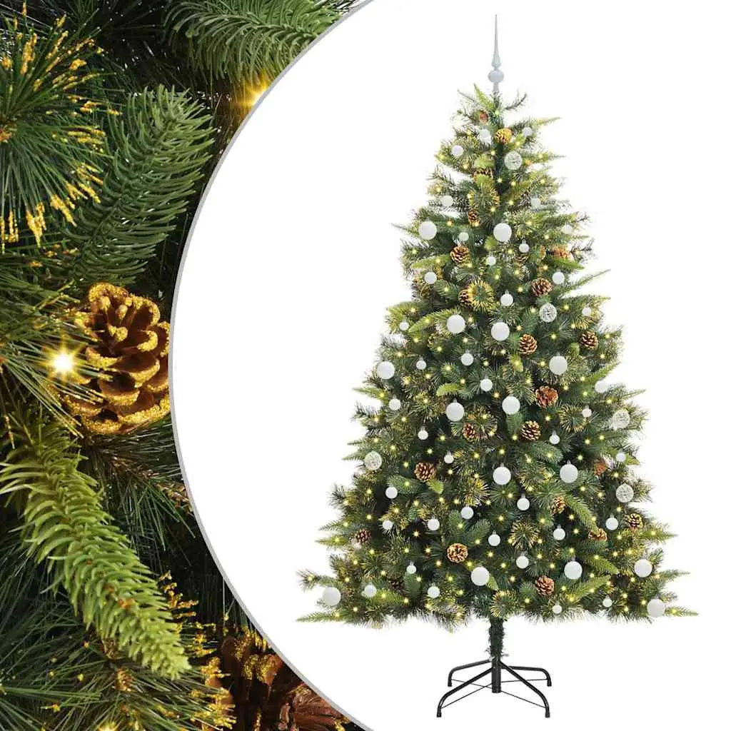 vidaXL Kunstig hengslet juletre med kjegler grønn 210 cm