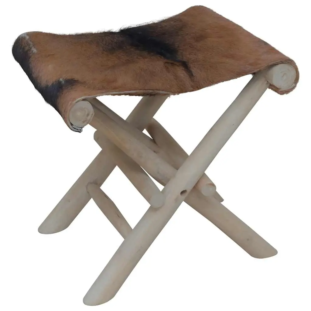vidaXL Sammenleggbar krakk geiteskinn og heltre teak