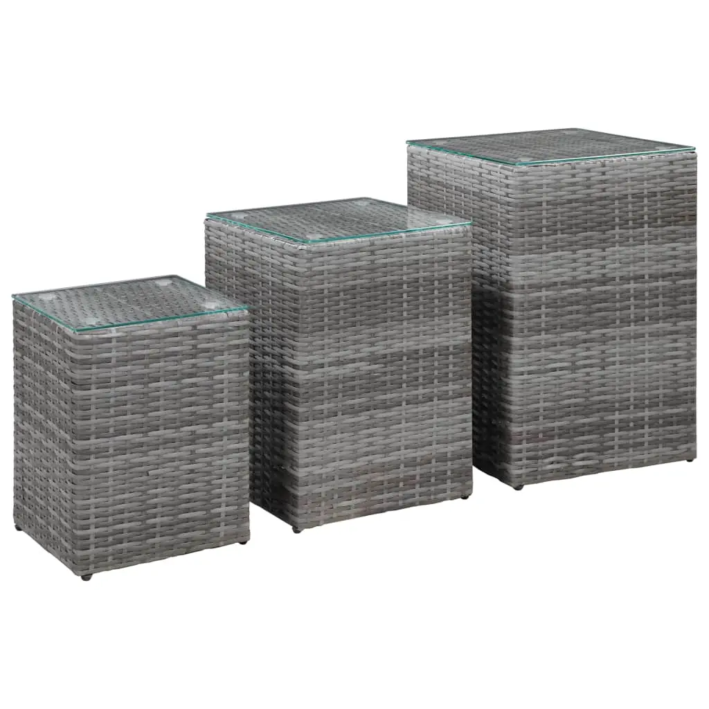 vidaXL Sidebord 3 stk med glass topp grå polyrotting