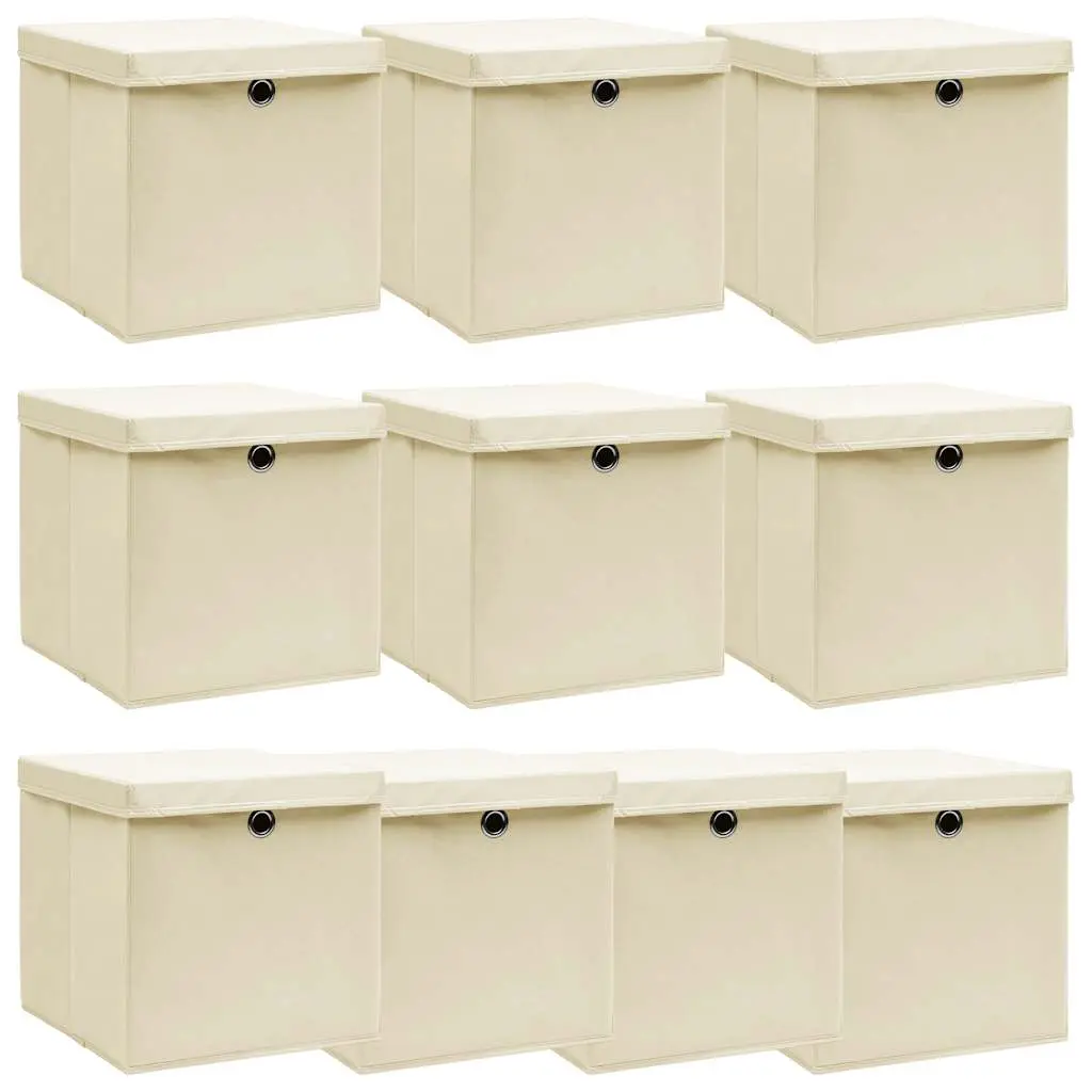 vidaXL Oppbevaringsbokser med lokk 10 stk kremhvit 32x32x32 cm stoff