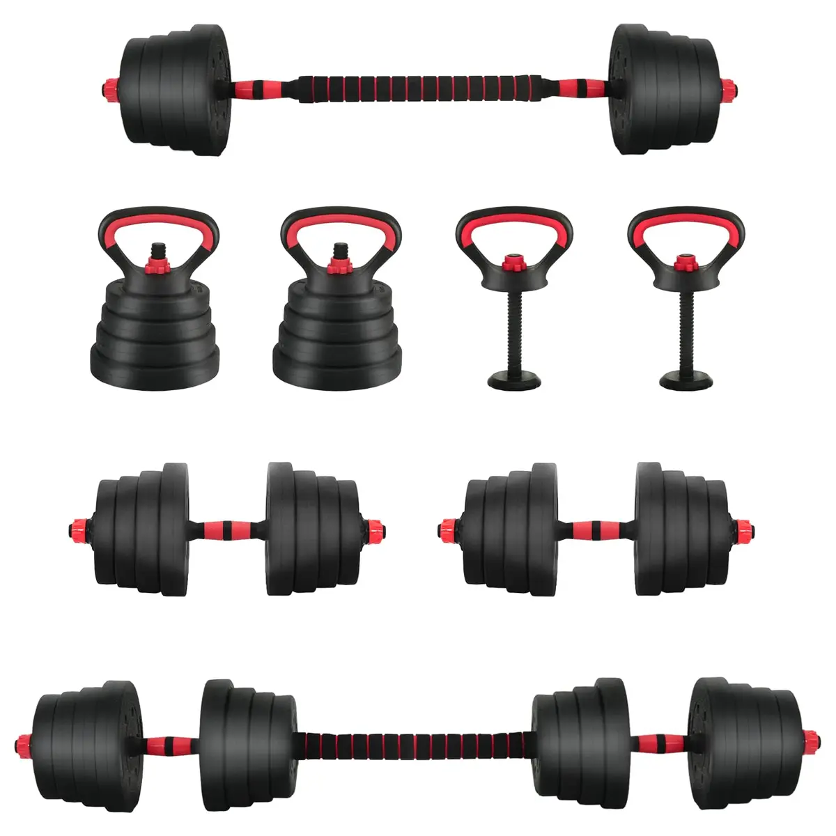 vidaXL 4-i-1 Manualvekt Barbell Kettlebell Sett 30 kg Svart og Rød