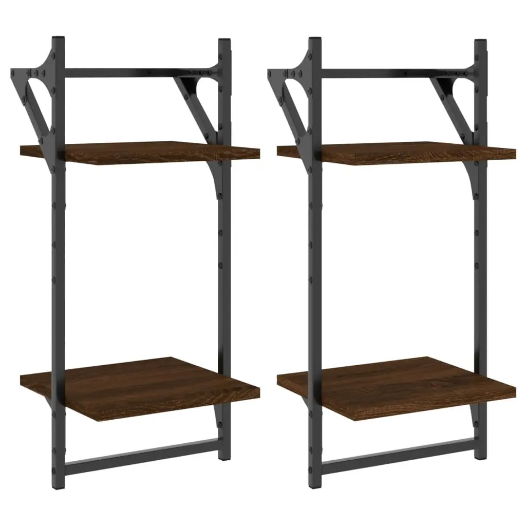 vidaXL Vegghyller med 2 hyller stenger 2 stk brun eik 30x25x65 cm